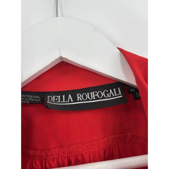 Vintage Della Roufogali Button Up Womens 14 Red Silver Western Rhinestone Silk - Picture 6 of 16
